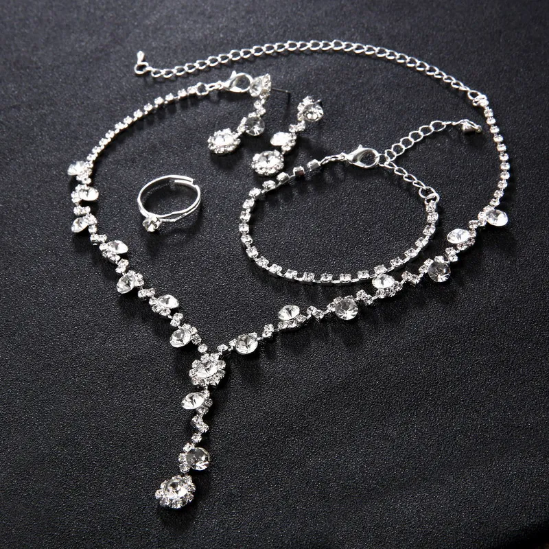 Women\'s Silver Color Fashion Wedding Jewelry Luxury Crystal Pearl Necklace/Bracelet/Ring/Earrings Ladies Jewelry Sets for Bridal