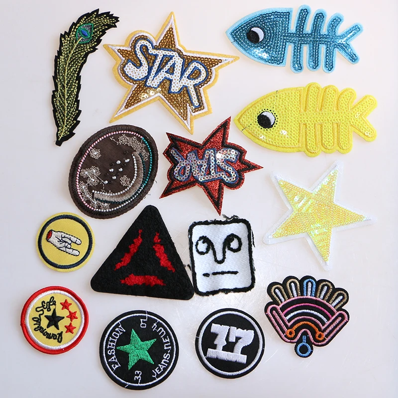 2 Pcs Various cute cartoons Fish Bones Feathers Stars Moai icon Iron on Patch for Clothing DIY Strip Patchwork Custom Badges