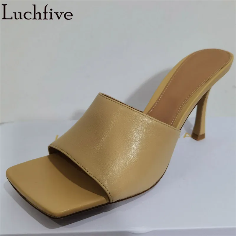 

Woman Slim High Heel Leather Slippers Blue Nude Red Black Mules Square Toe Trendy Shoes Summer Outdoor Sexy Party Shoes Mujer