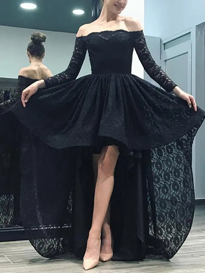 

2024 Black Long Sleeves Asymmetry Off-The-Shoulder Lace Evening Dresses Prom Gowns Formal Party Dress Hot Sale Abendkleide