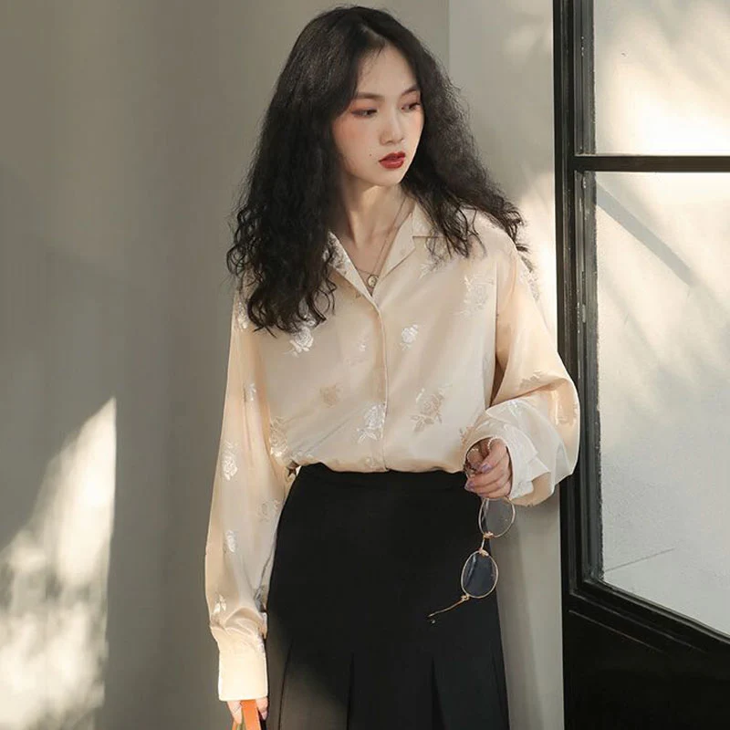 2020 Autumn Fashion Women Long Sleeve Blouses Vintage Rose Glossy Tops Lady Elegant Solid Color Female Casual Shirts Streetwear