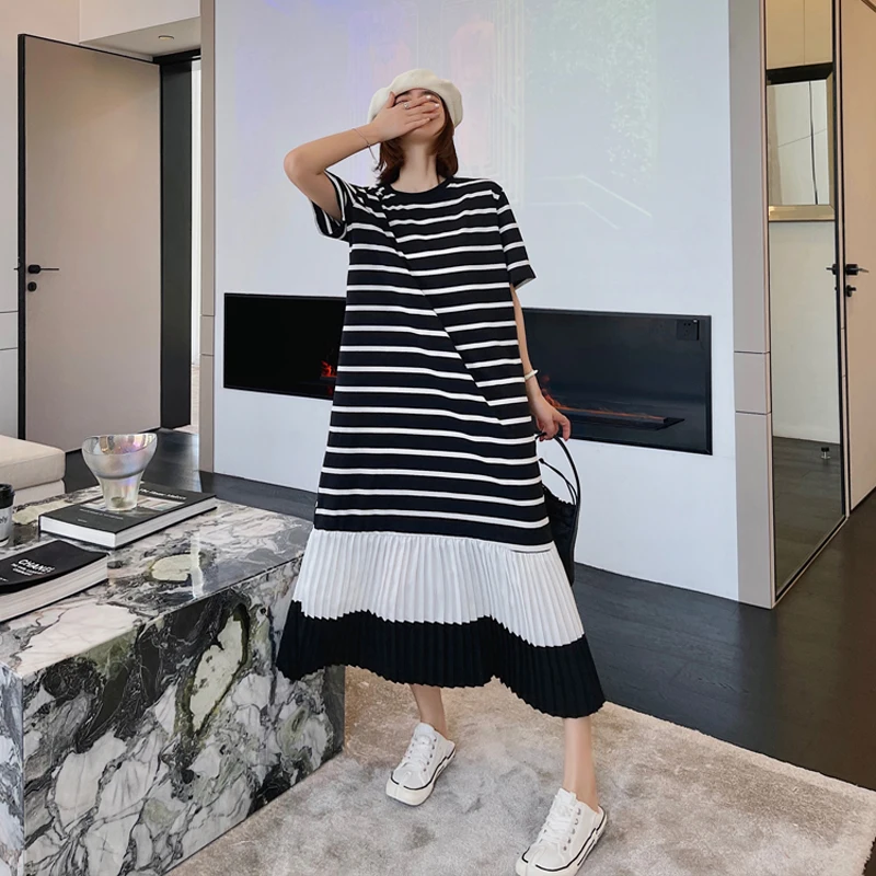 NYFS 2025 New Summer Dress Korea Womens Dresses Vestidos Robe Elbise Fashion Striped Patchwork Short Sleeve Long Dress L-4XL