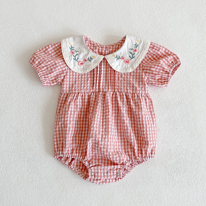 Toddler Baby Girls Grid Embroidery Dresses Summer Girl Baby Romper Infant Children Cotton Short Sleeve One-piece Romper