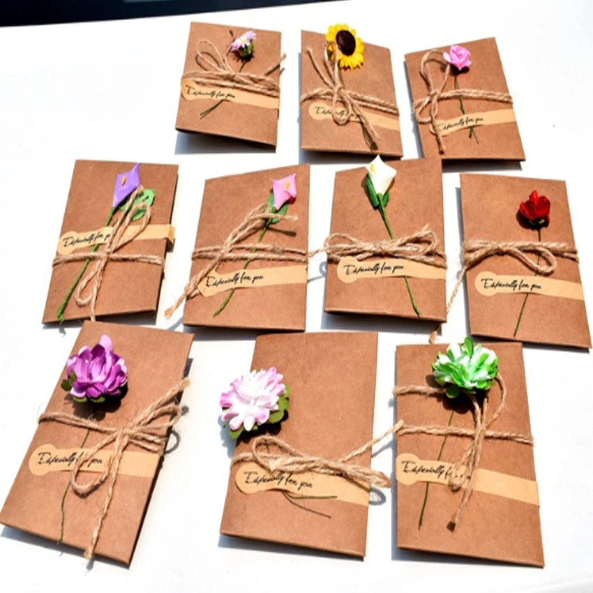 

5pack/lot Vintage Kraft Paper Handmade Flowers with envelope Postcard Greeting Card Birthday Card wedding Christmas gift