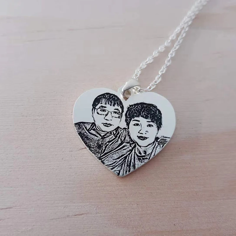 

925 Silver Heart Photo Necklace Customize Your Picture Engraved Necklace Couple Jewelry Gift