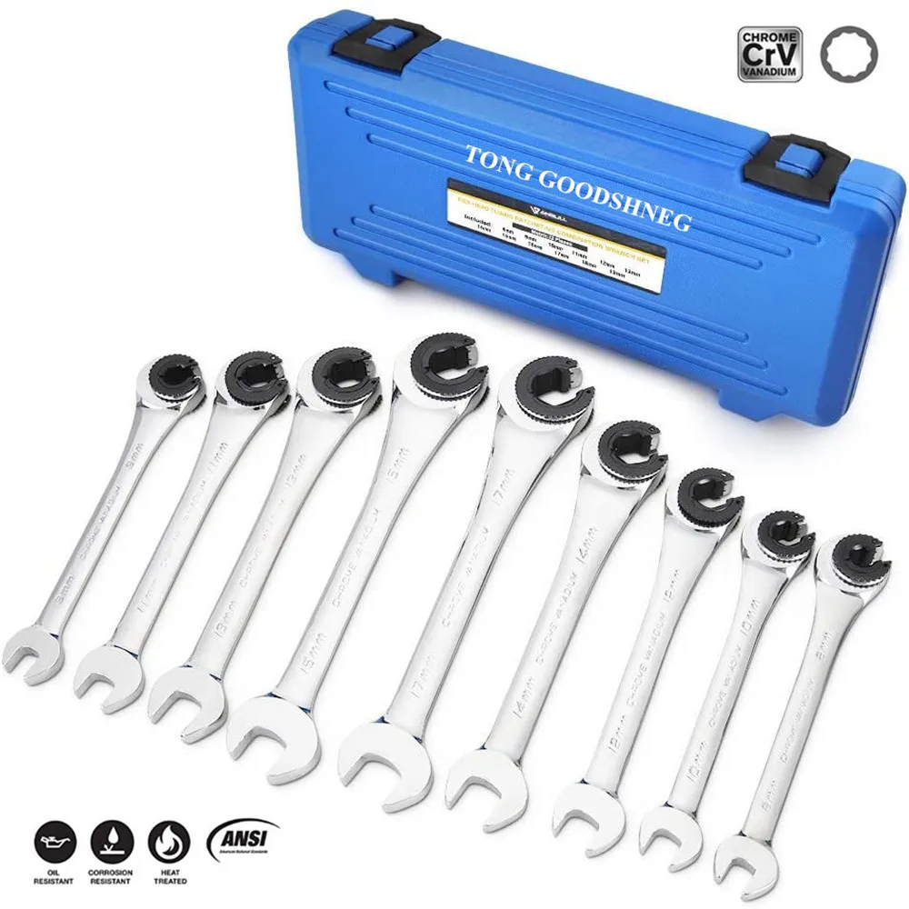 

Industrial Fixed Head Tubing Ratchet Open End Combination Wrench Set,72 Gears CR-V Chrome Vanadium Steel,9PCS Metric 8-17mm
