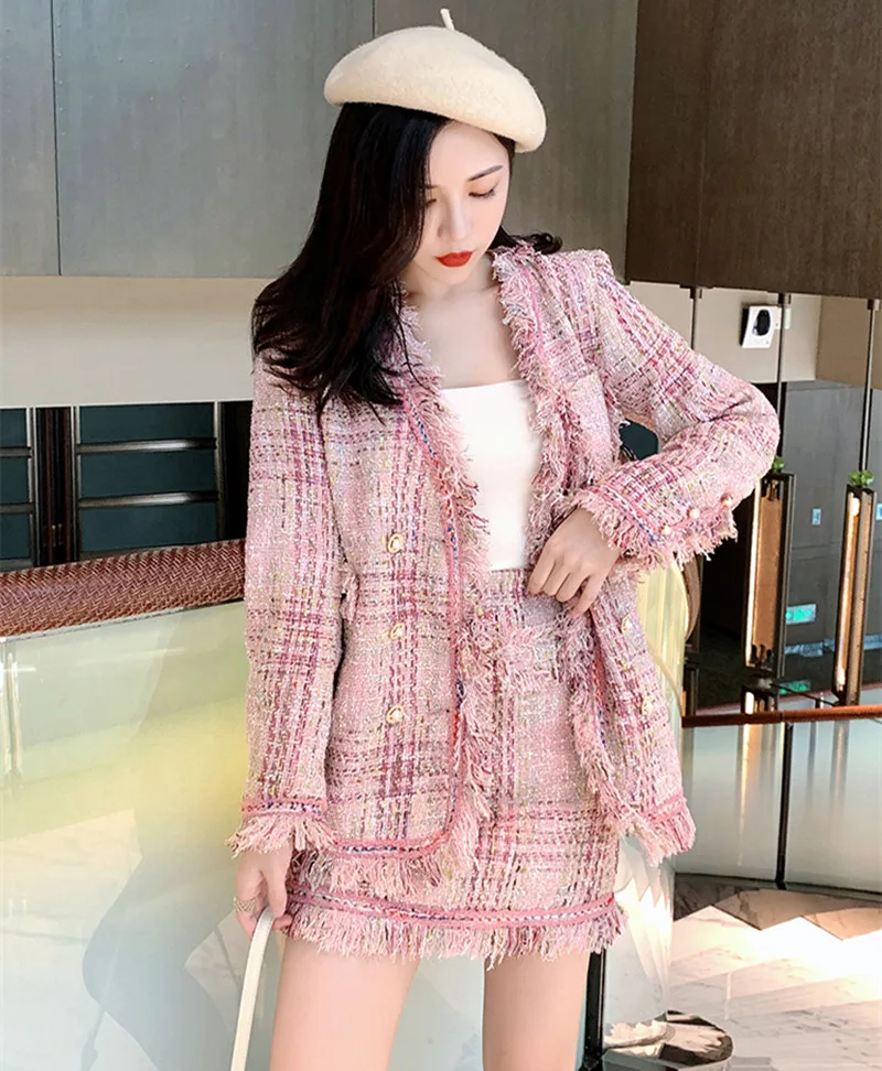 2021 Thu Đông Đường Băng Tweed Phù Hợp Với Nữ Đôi Áo Khoác Áo Khoác + Cao Cấp Tua Rua Mini Nữ 2 Bộ