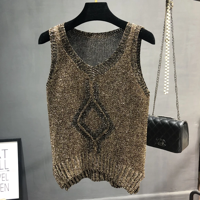 Summer Light Show Thin Silk V-neck Sleeveless Sweater Vest Outside Wearing A Split Within The Sparkle Knit A Female Ins Wind