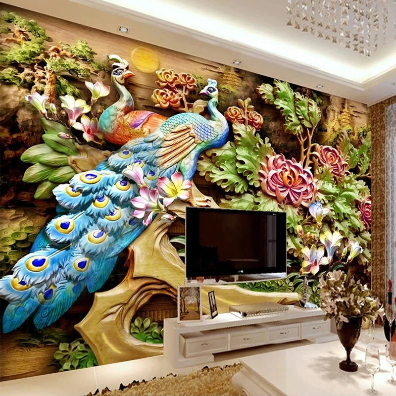 Custom Self-Adhesive Wallpaper Modern 3D High-End Glory And Wealth Wood Carving Background Wall Papel De Parede Fresco Sticker