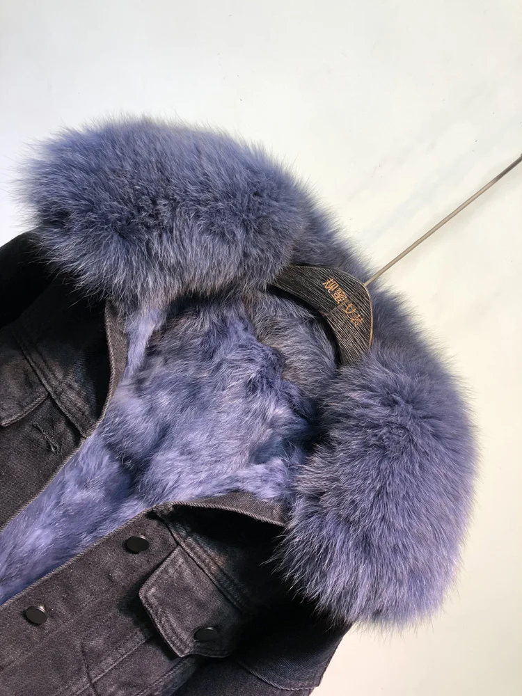 Winter Fashion Warm Natural Fox Fur Collar coat + Real Rabbit Hair Liner Denim Jacket Female beading Thick Real Fur Outwear F703