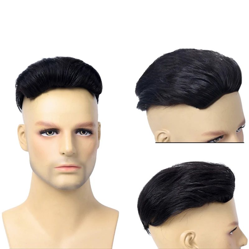 Men's Top Head Toupees Synthetic Short Wig Natural Black Straight Fake Hair Suitable For Men Sparse hair Loss and Grey hair