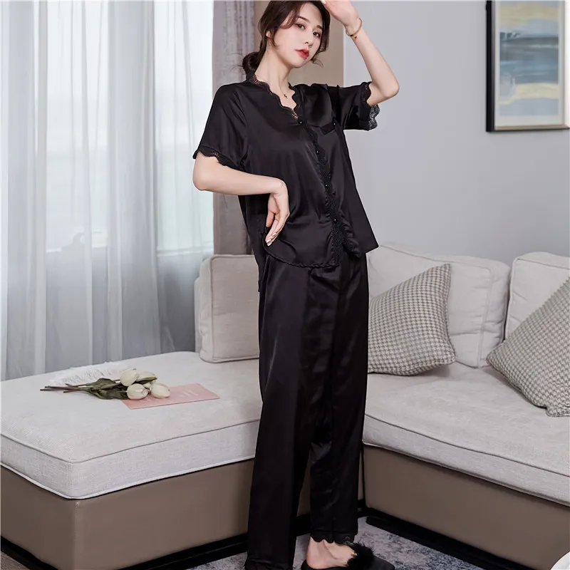 Satin Nighrwear Sexy Women Pajamas Suit Home Clothing Lace White Pyjamas Sleep Set Novelty Home Wear Sleepwear Intimate Lingerie