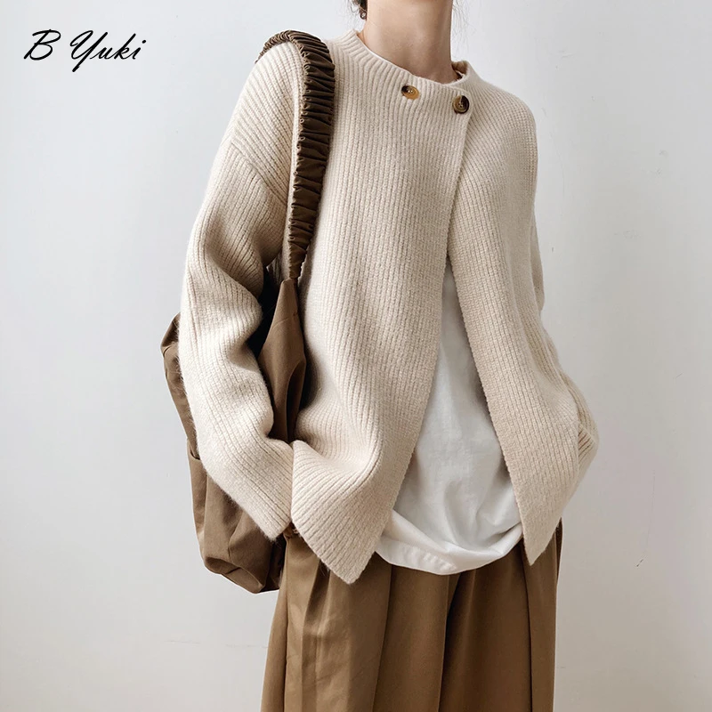 

Blessyuki Fashion Simple Oversized Solid Knitted Cardigan Sweater Women Autumn New Button O-neck Long Sleeve Casual Cardigans