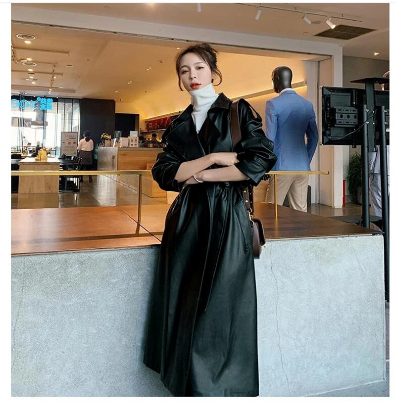 Nerazzurri Spring Black Oversized Long Waterproof Leather Trench Coat for Women 2021 Long Sleeve Loose Korean Fashion Clothing