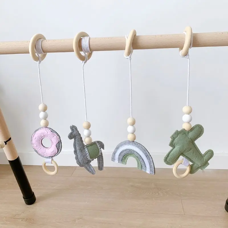 4pcs Baby Play Gym Frame Wooden Beech Activity Gym Frame Stroller Hanging Pendants Toys Teether Ring Nursing Rattle Room Decor