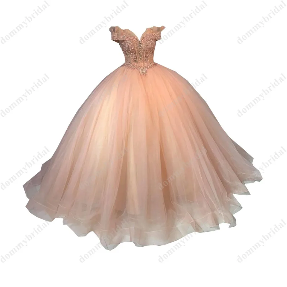 Romantic Vestido De Anos 15 16 Girls Ball Gown Cinderella Off Shoulder Quinceanrea Prom Dresses Crystal lace Peach Coral Long