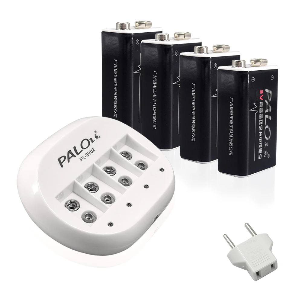 Palo 4 Slots 9V Lithium Battery Charger for 9V 6F22 Li-ion Rechargeable Battery + 4pcs 600mAh Rechargeable 9V Li-ion Battery