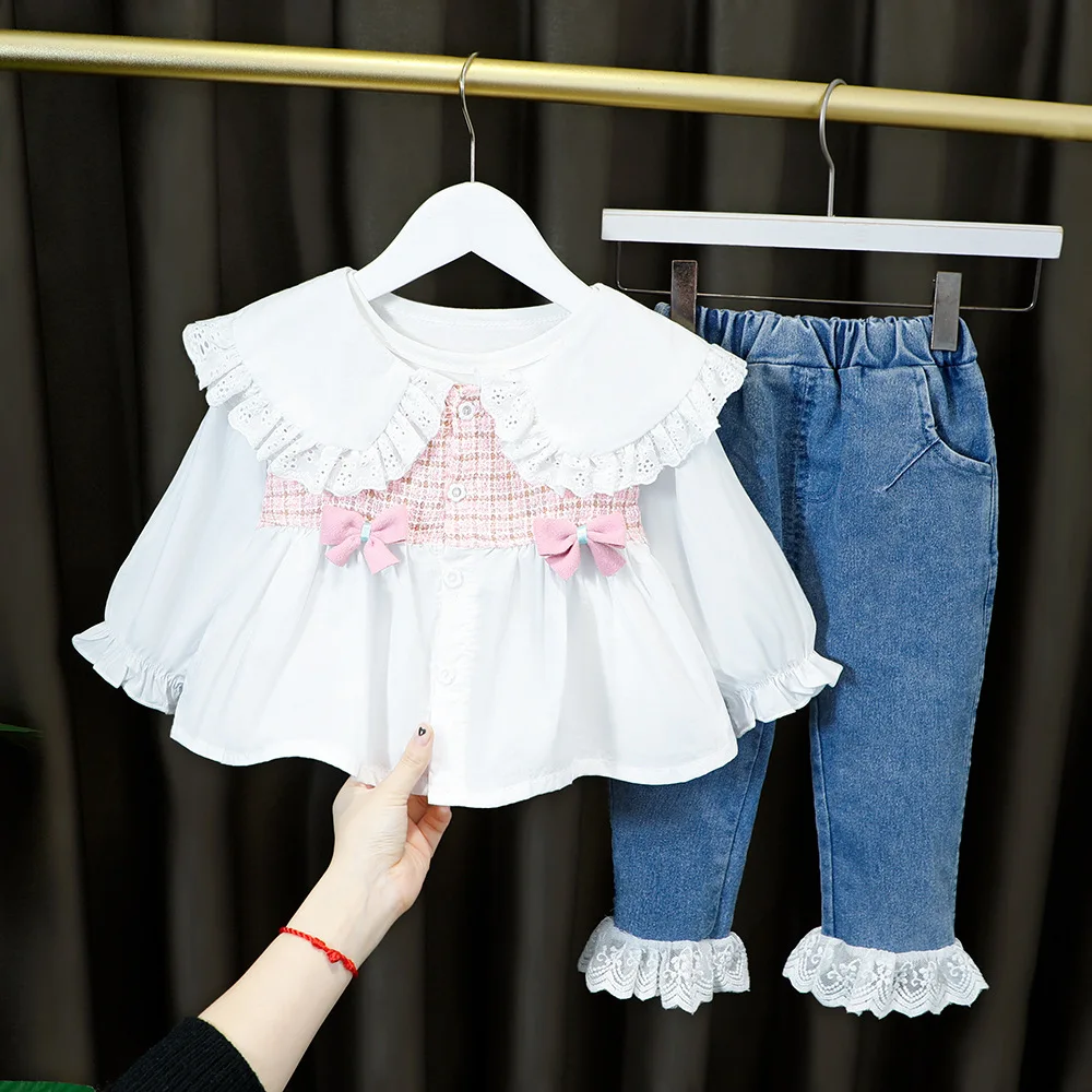 Spring Autumn Baby Girls Clothing Set Fashion Casual Long Sleeved Shirts + Denim Jeans Pants Kids Girls Clothes Suit Child Wear