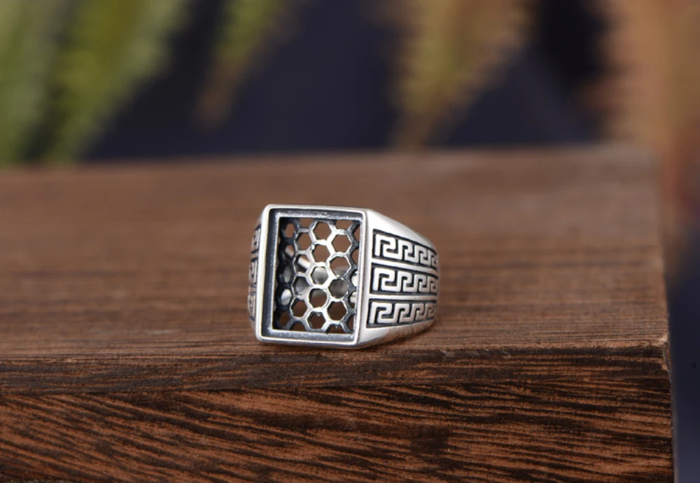 Men's Ring Blank (12x15mm Rectangle Blank) Adjustable Thai Sterling Silver Vintage Style Rectangle Cabochon Ring Setting R929B