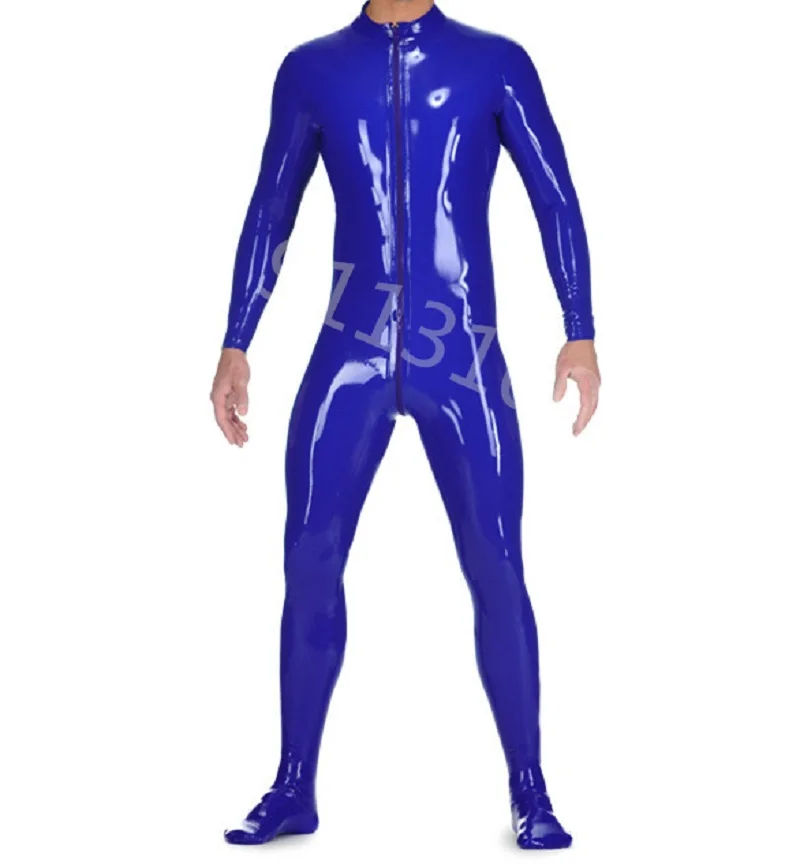 

Handmade Dark Blue Latex Men's Catsuit Front To Ctocth Zip Latex Bodysuit Attached Socks Halloween Cos Latex Jumpsuit