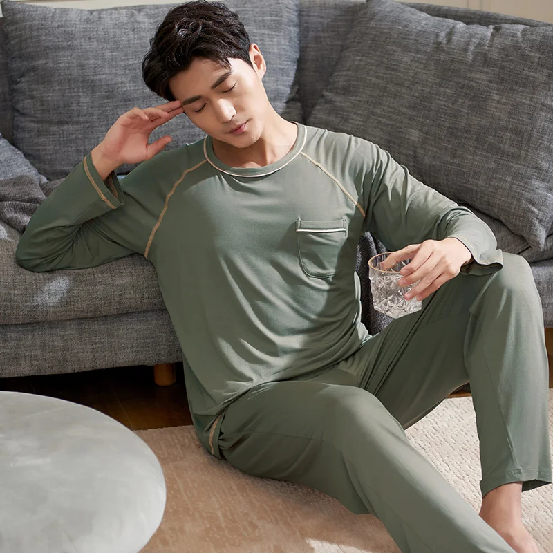 Grandes jardas L-XXXL pijamas masculinos primavera outono manga longa pijamas modal pijamas homem salão conjuntos de pijama