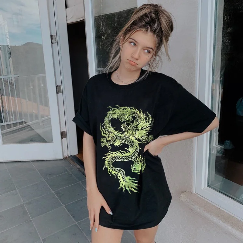 sunfiz YF Big Dragon Large Sizes Female T-shirt Dragon Print on Clothes Top Oversize T-shirt Summer Short Sleeve Harajuku