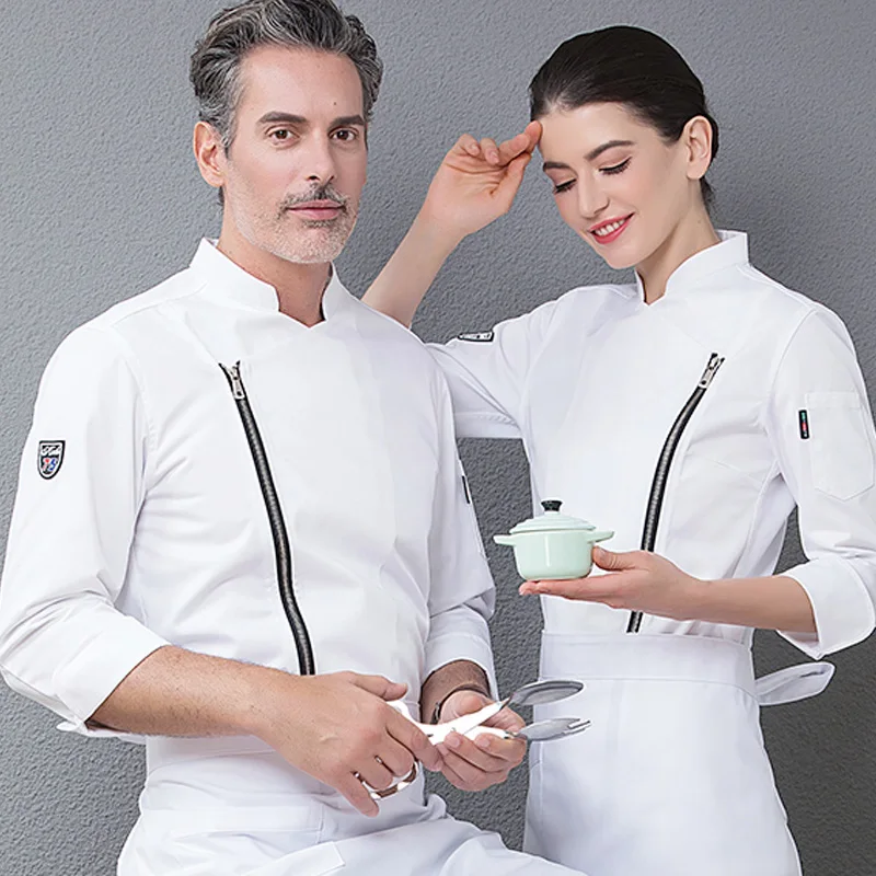 1 zipper stand up collar Chef Uniforms Men Women Food Services Cooking Clothes White Black