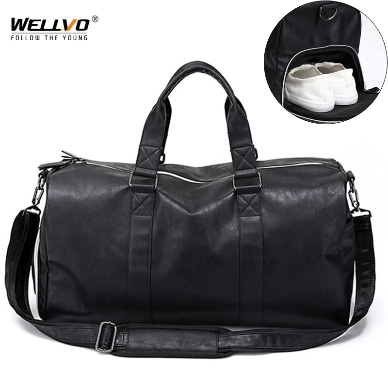 Grand sac de voyage en cuir pour homme, sac de sport, rangement indépendant des chaussures, grands sacs de fitness, sac à main, bagage initié, noir,