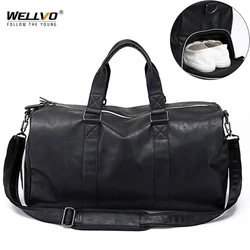 Male Leather Travel Bag Large Duffle Independent Shoes Storage Big Fitness Bags Handbag Bag Luggage Shoulder Bag Black XA237WC