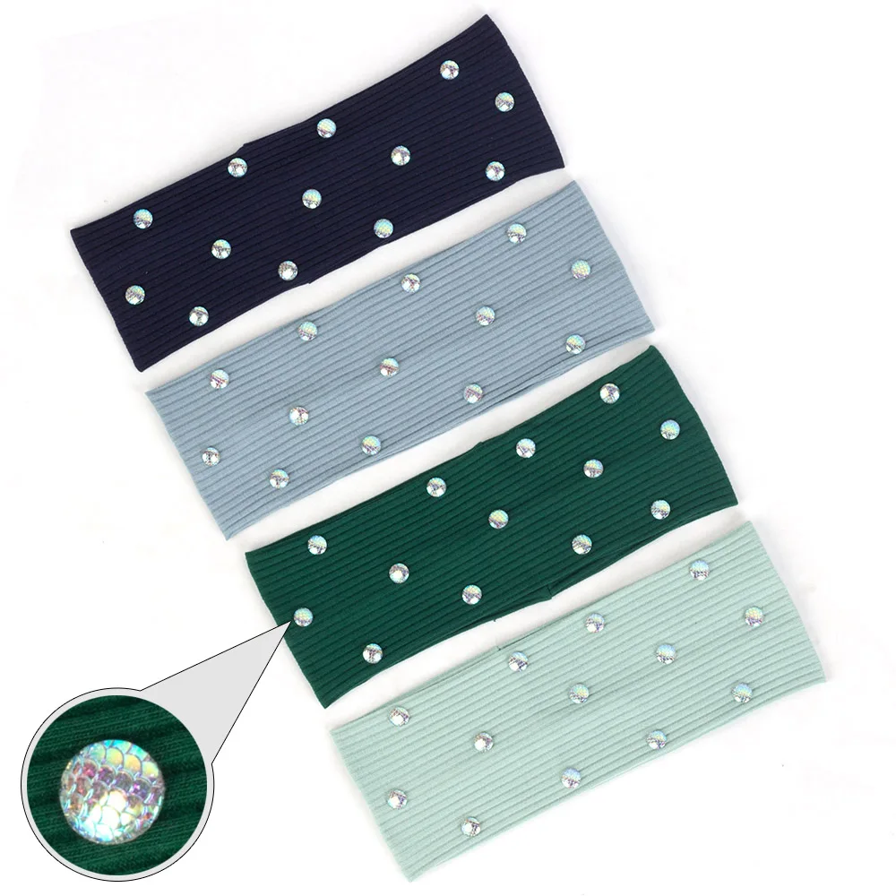 Women Cotton Ribbed Wide Headband Female Flat Hairband Striped Turban Fish Scale Rhinestone Head Wrap Colorful Accessories