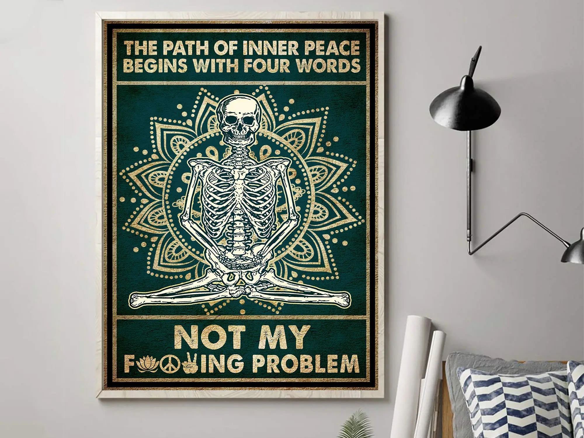 The Path of Inner Peace Begins with Four Words Skeleton Poster, Halloween Poster,Skull Wall Decoration, Skull Sign for Home, Ret