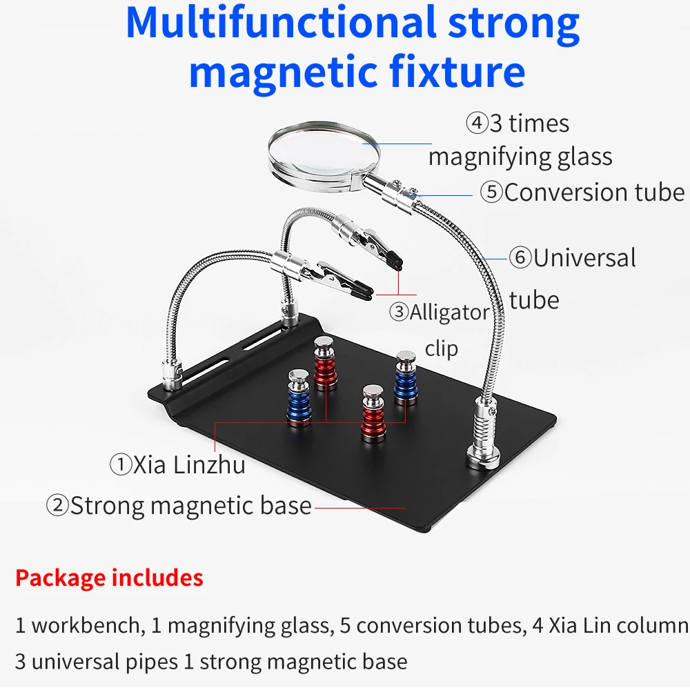 LUXIANZI-Solda Mão Ajudando, PCB Board Clipe de Fixação com Base Magnética, 3XMagnifier Braço Flexível, Soldagem Repair Tool, Terceira Mão