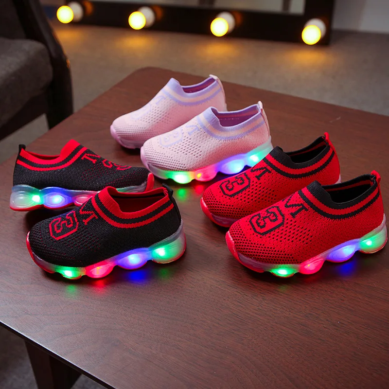 LED Baby Girls & Boys Air Mesh Fly Shoe Children & Toddler Shoes Breathable Soft BottomLittle Kids Sneakers Size 21-30