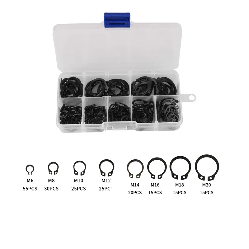 200Pcs C-clip Washers M6 M8 M10 M12 M14 M16 M18 M20 Internal External Retaining Circlips Snap Retaining Ring Carbon Steel Kit