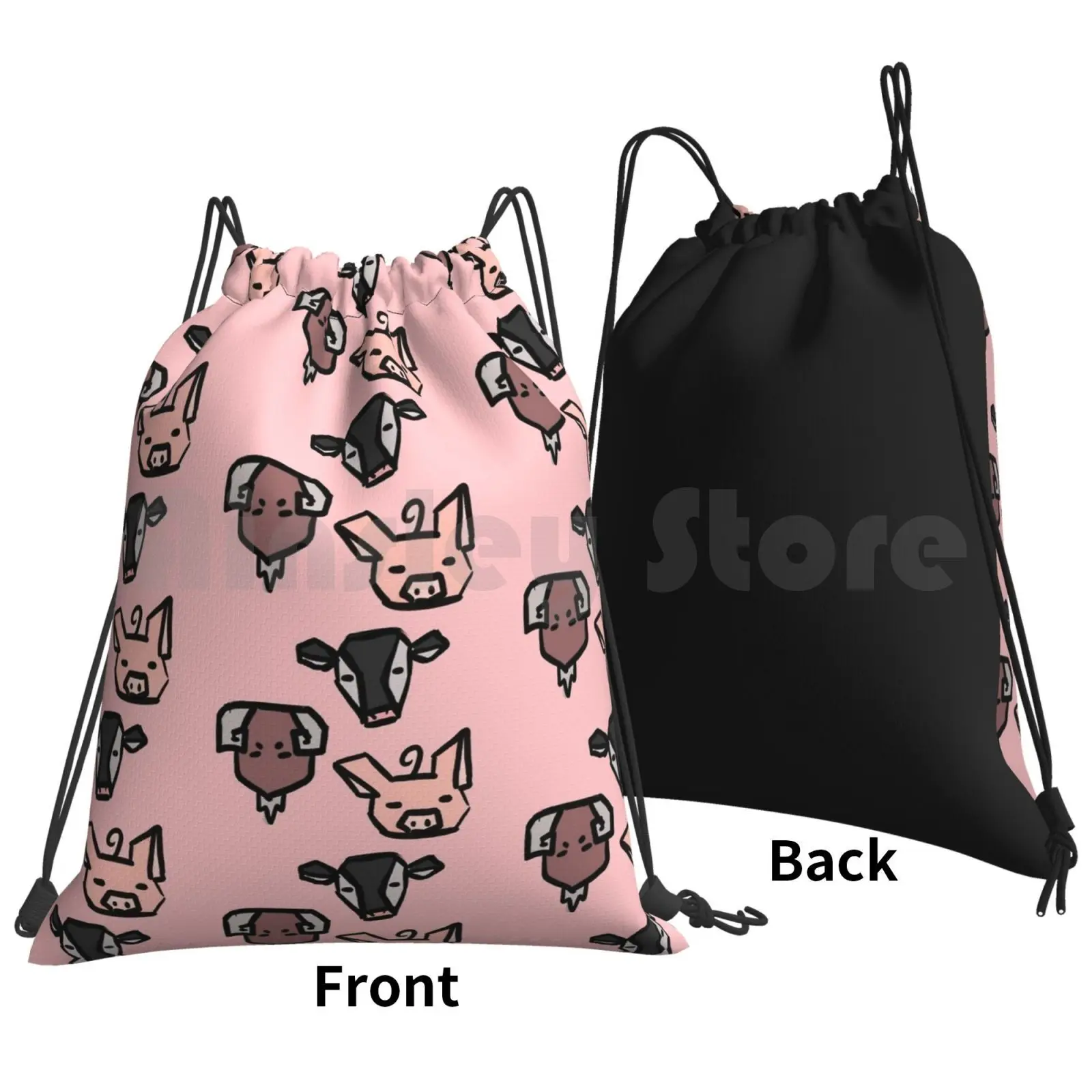 Simplistic Farm Animals Backpack Drawstring Bags Gym Bag Waterproof Farm Animal Pig Cow Ram Cute Line Art