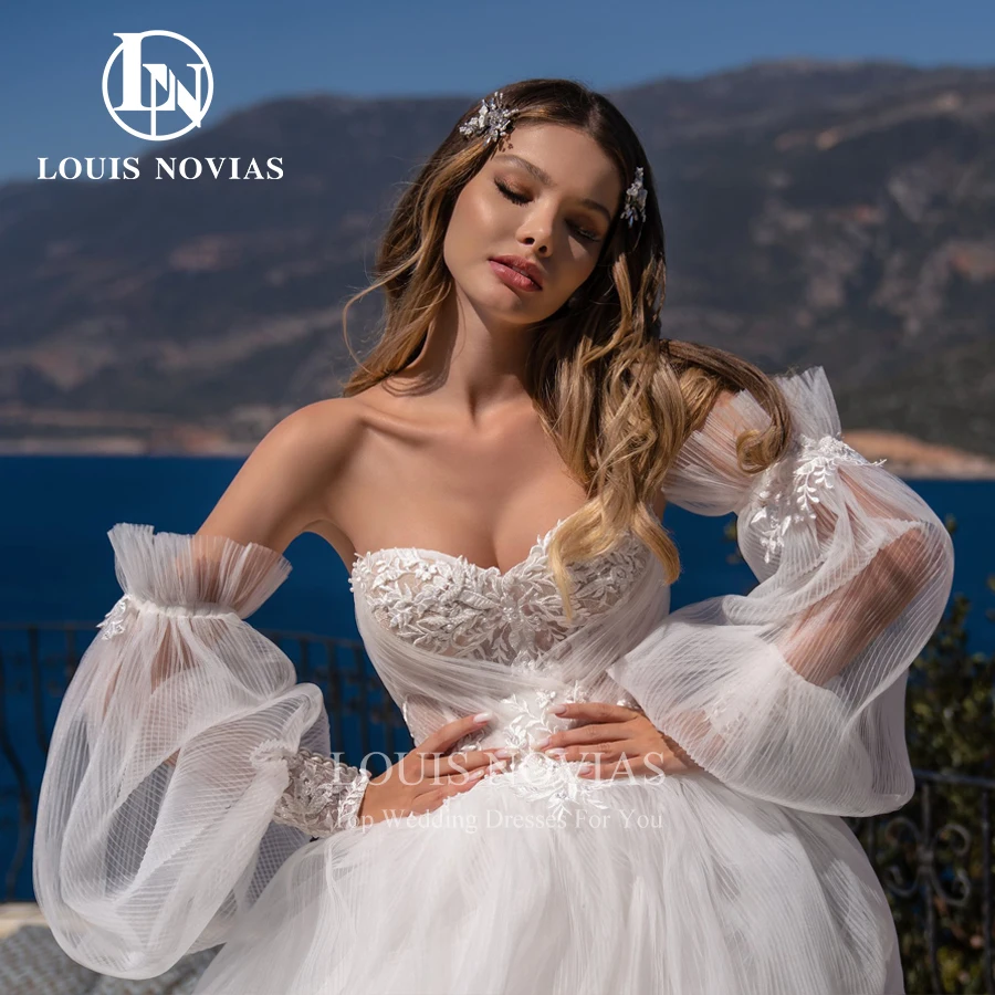 LOUIS NOVIAS A-Line Wedding Dresses For Women Sexy Sweetheart Removable Puff Sleeve Tiered Ruffles Beading Backless Bridal Gown