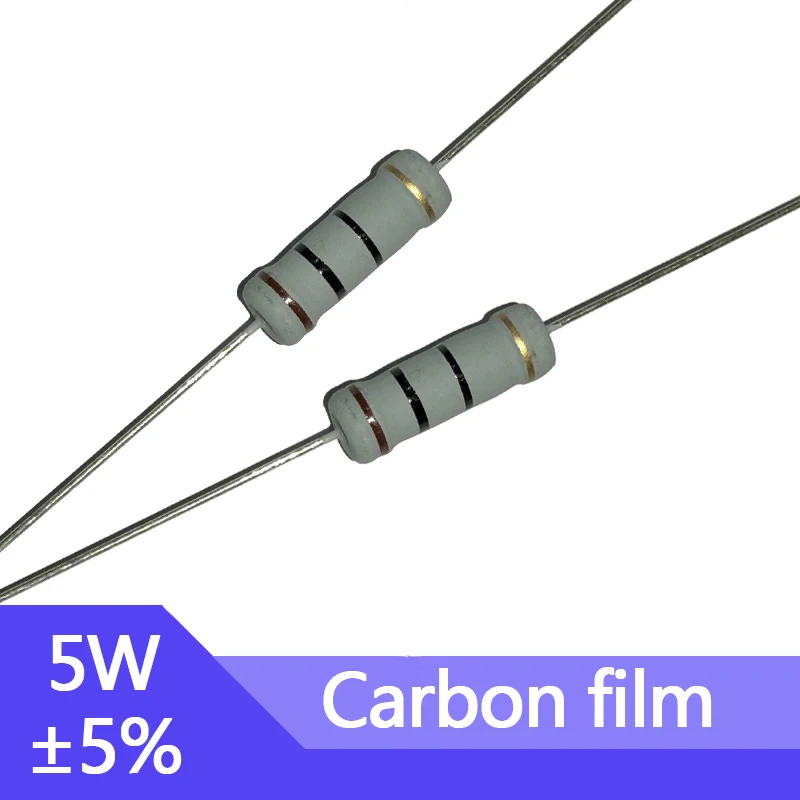 Resistencia de película de carbono, 10 piezas, 5W, 5% 1, 10, 100, 2,2, 3,3, 4,7, 22, 33, 47, 5,1, 220, 1K, 10K, 330 K, 1M, R K, Ohm, 1Ohm, 10Ohm, 100Ohm, 1 r-1m