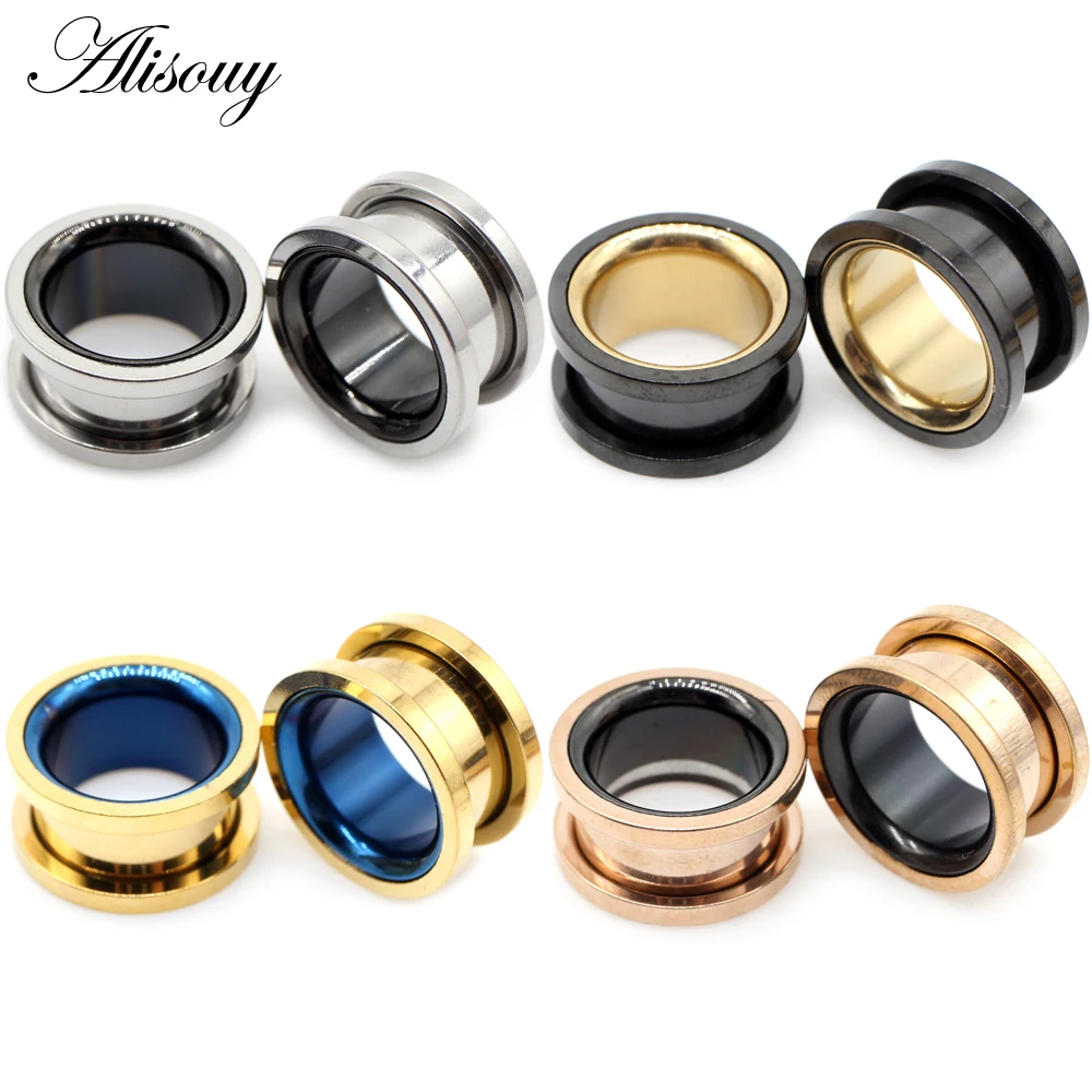 Alisouy 2PC Fashion Stainless Steel Hollow Double Color Ear Pirecing Plugs Expanders Body Jewlery Gauges Stretchers 6-30mm