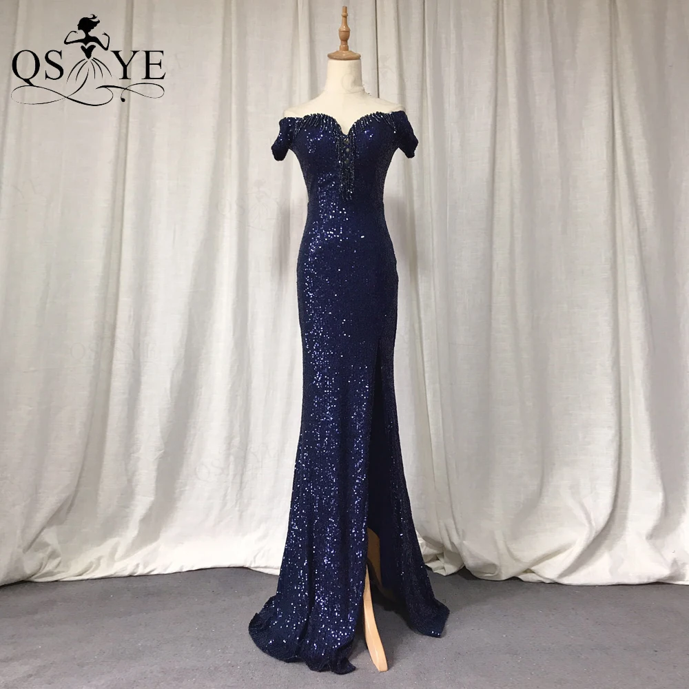 QSYYE – robe de soirée de forme sirène en paillettes bleu marine, épaules dénudées, longue, manches latérales, Sexy, élégante, avec perles