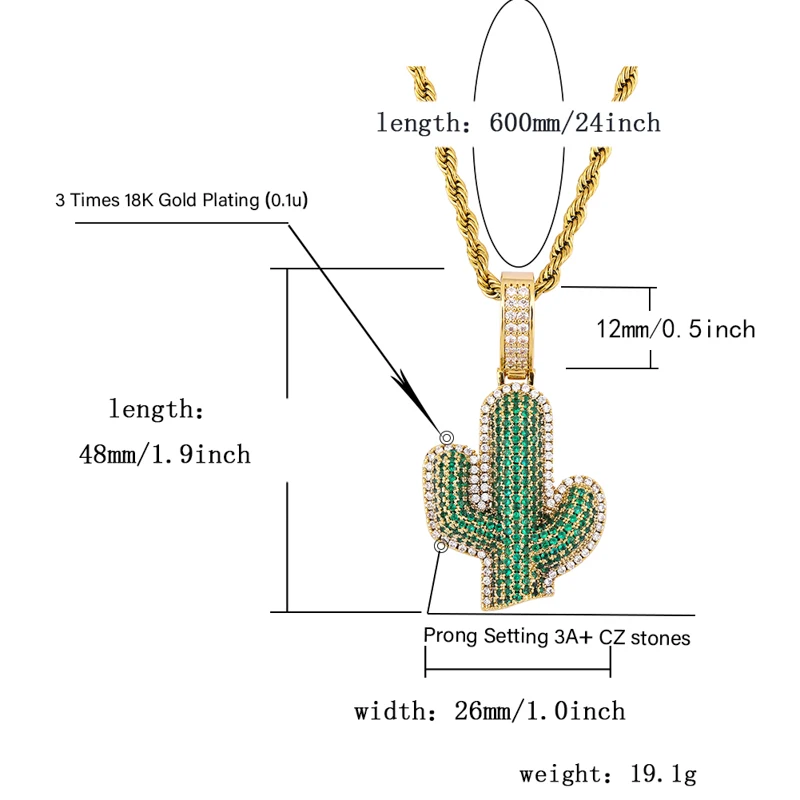 TOPGRILLZ Iced Out Cactus Pendant Necklace Newest AAA Green Cubic Zircon Men\'s Charms Necklace Fashion Plant Hip Hop Jewelry