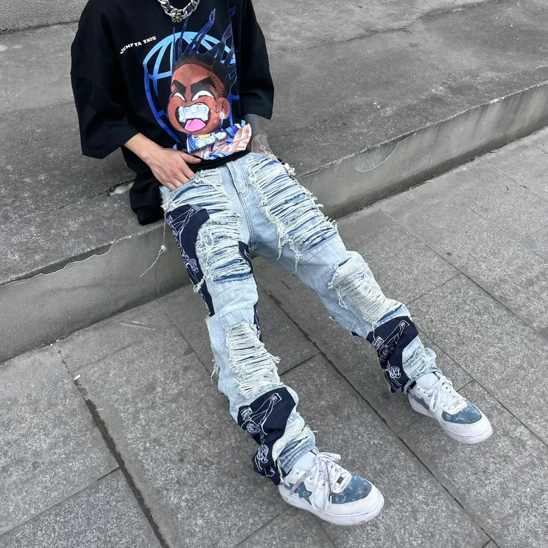 Men High Street Denim Jean Pants Casual Loose Destroyed Ripped Holes Straight Jeans Fashion Patchwork Hip Hop Streetwear Joggers