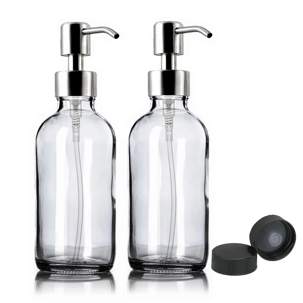 2pcs 250ml Clear Glass Pump Bottle Empty Stainless Steel Lotion Dispenser Containers for Liquid Soap Shampoo Shower Gel 8Oz