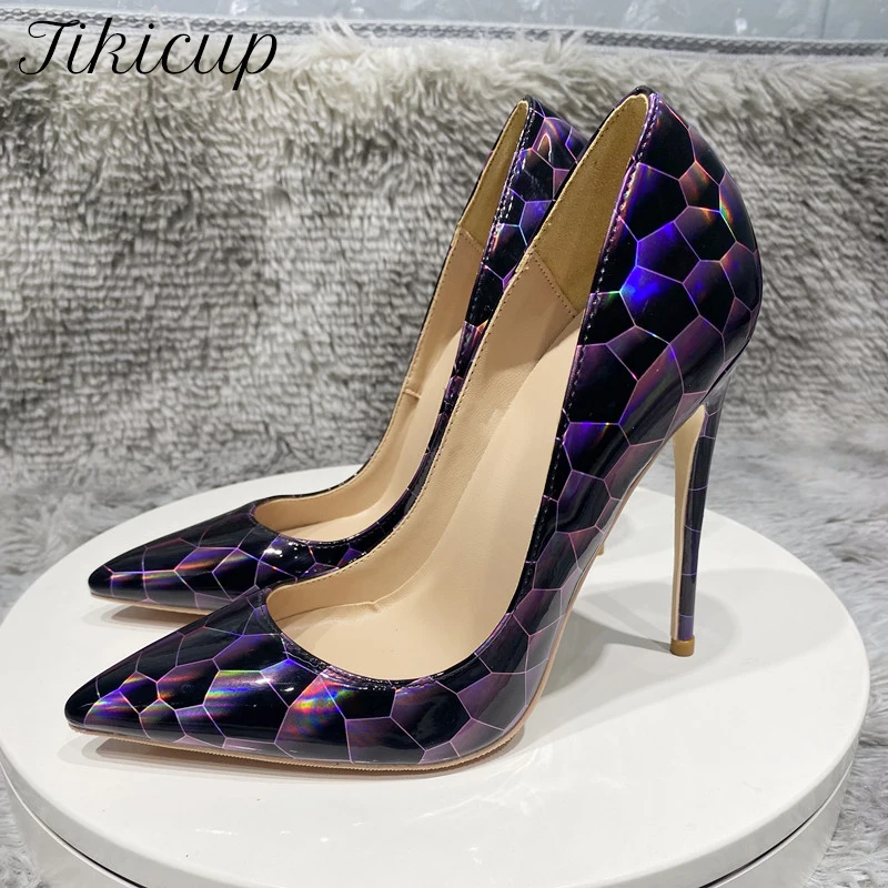 Tikicup Geometry Print Women Glossy Patent Pointed Toe High Heel Party Shoes 8cm 10cm 12cm Designer Ladies Stiletto Pumps