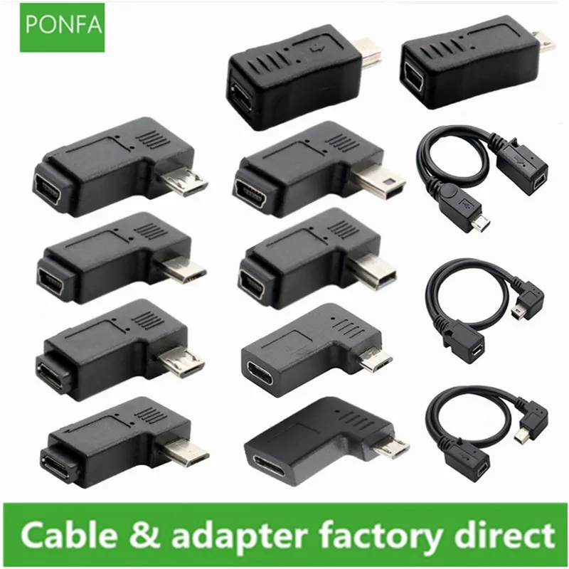 Mini USB de ángulo izquierdo y derecho de 90 grados, adaptador de sincronización de datos de 5 pines hembra a Micro USB macho, enchufe Micro USB a Mini Cable USB tipo c