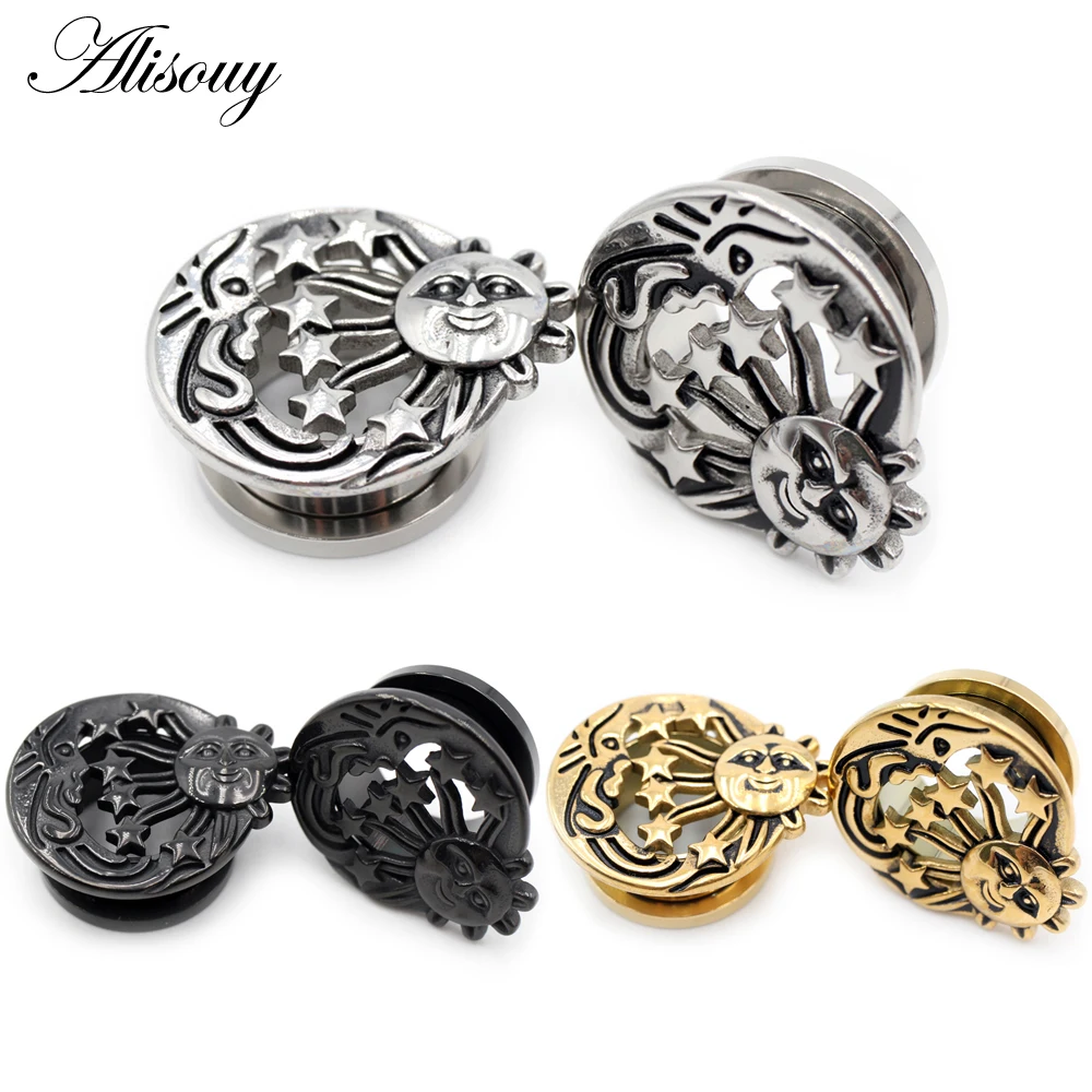 Alisouy 2pcs 6-25mm Retro Stainless Steel Star Sun Moon Ear Tunnel Plug Expander Stretcher Gauges Earrings Body Piercing Jewelry