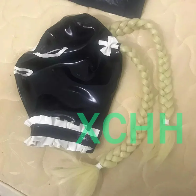 

sexy exotic lingerie black latex rubber chiffons mask hoods hood with wigs&neck collar party club wear fetish anime cosplay