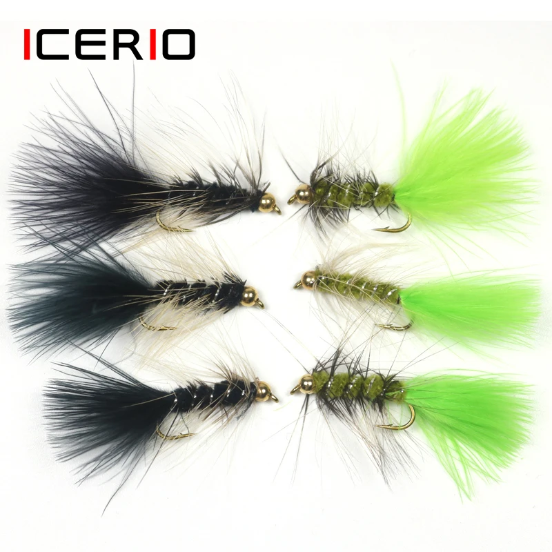 ICERIO 6PCS Brass Bead Head Woolly Bugger Streamer Wet Fly Tying Hook Trout Fishing Fly Lure Baits