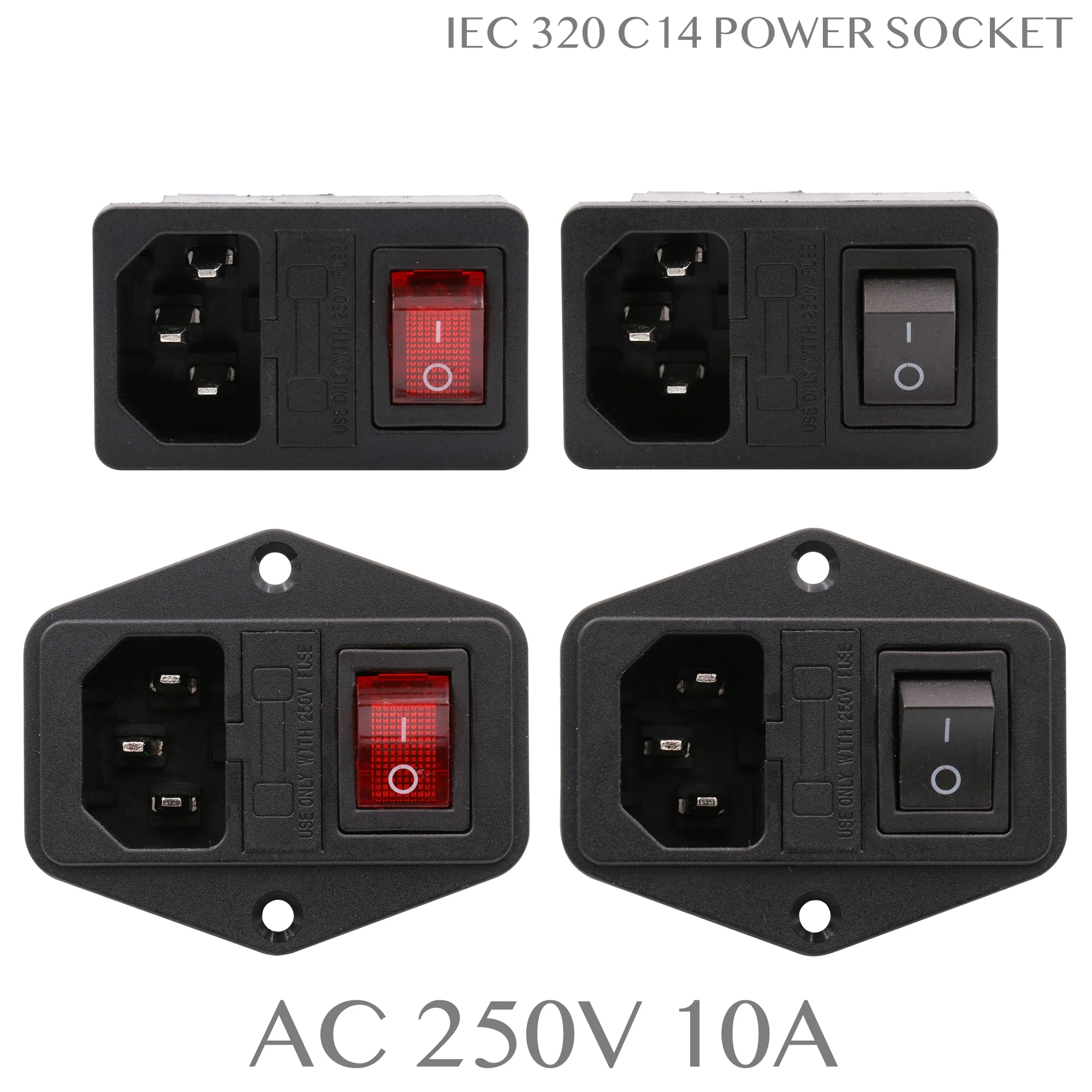 

1PC AC Power Cord Inlet Socket Receptacle Electric Connector With Fuse Holder ON OFF Rocker Switch IEC320 C14 CCC CE AC 250V 10A