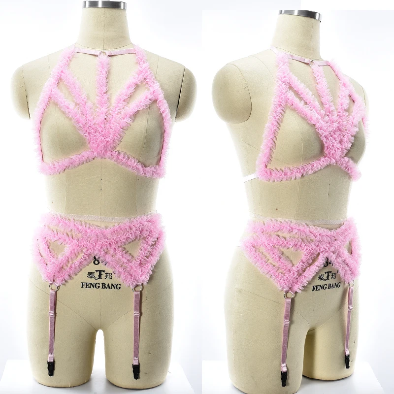 

Women Pink Wedding Lingerie Body Harness Set Pink Open Chest Cage Bra Goth Stockings Garter Belt Bondage Body Cage Harness