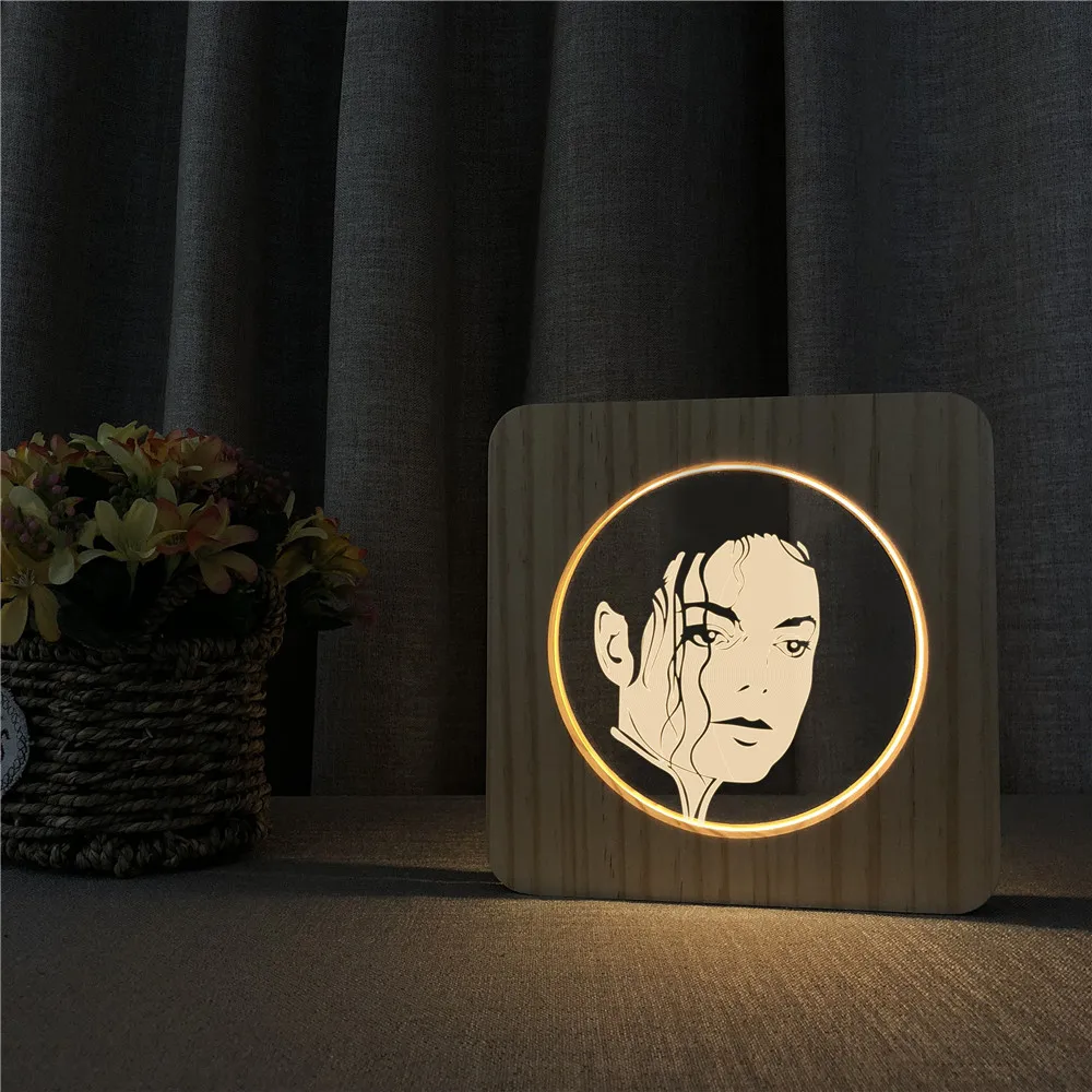 Michael  Popular Rock Star 3D LED Arylic Wooden Night Lamp Table Light Switch Control Carving Lamp for Friends Music Gift